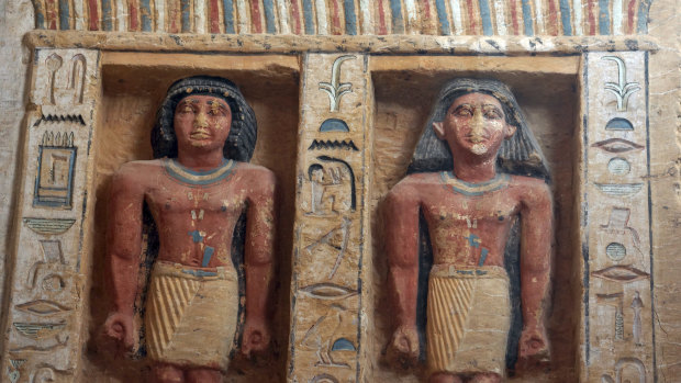 Relief statues are seen at the recently uncovered tomb of the Priest royal Purification.