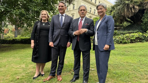 New Zealand Defence Minister Judith Collins, Australia Defence Minister Richard Marles, New Zealand Foreign Minister Winston Peters and Australia Foreign Minister Penny Wong at Treasury Gardens, Melbourne.