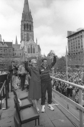 Cliff Young with his mother Mary in the City Square, Melbourne, May 5, 1983. Cliff was given the keys to the city.