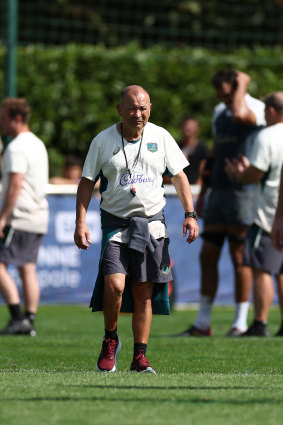 Eddie Jones looks on at Wallabies training in Saint-Etienne on Thursday.