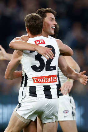 Patrick Lipinski celebrates a goal with Will Hoskin-Elliott on Friday night.