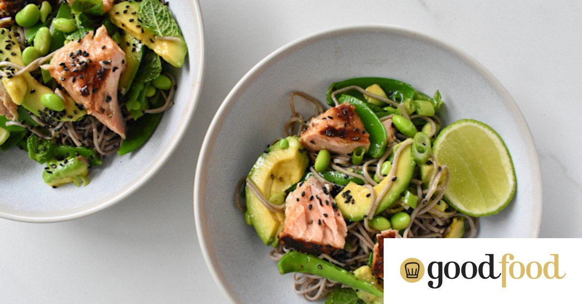 Miso salmon, soba noodle and avocado salad