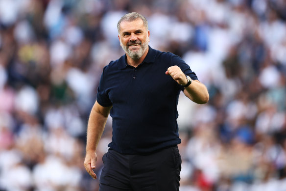 Ange Postecoglou celebrating after Spurs beat Manchester United.