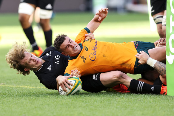 Tom Banks scores against the All Blacks last year.