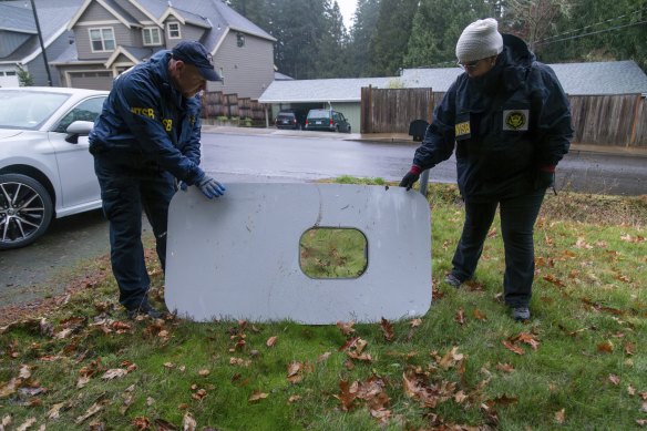 The missing door plug used to block the space for an emergency exit that blew off an Alaska Airlines plane, found in a Portland school teacher’s yard.