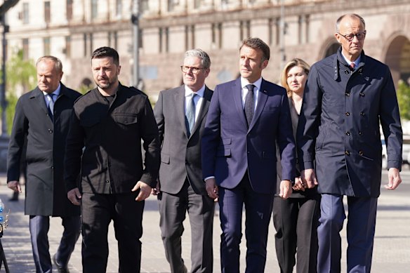 Volodymr Zelensky (second left) walks through Maidan Square in Kyiv in May with fellow European leaders Donald Tusk of Poland, Keir Starmer of Britain, Emmanuel Macron of France and Friedrich Merz of Germany.
