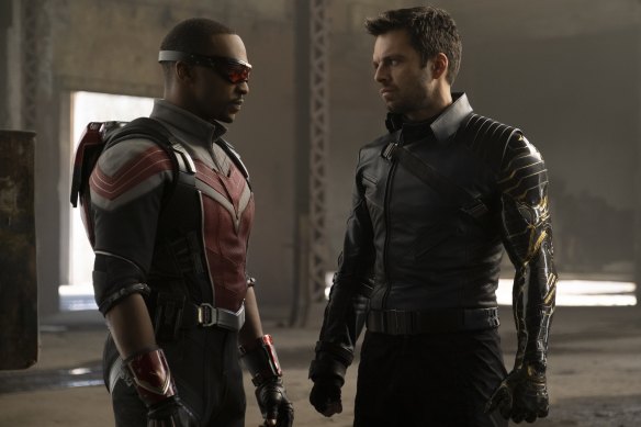  Anthony Mackie (left) as the Falcon and Sebastian Stan as the Winter Soldier in a scene from The Falcon and the Winter Soldier.
