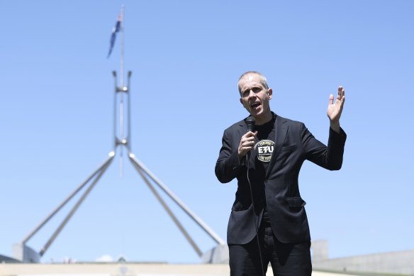 ETU National Secretary, Michael Wright, during a rally protesting CFMEU administration, at the front of Parliament House in Canberra.