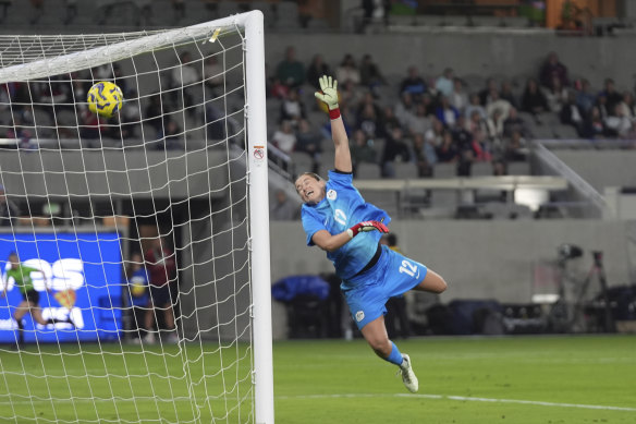 Teagan Micah unsuccessfully attempts to prevent Colombia’s second goal.