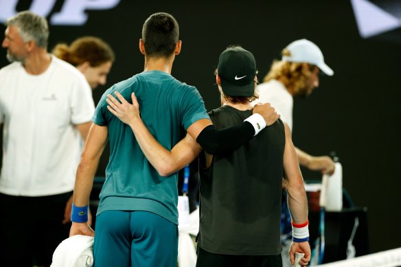 Australia’s Dane Sweeny (right) joined Novak Djokovic for a practice session on centre court on Saturday.
