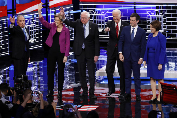 From left: Bloomberg, Warren, Sanders, former vice-president Joe Biden, former South Bend mayor Pete Buttigieg and senator Amy Klobuchar before the debate in Nevada.