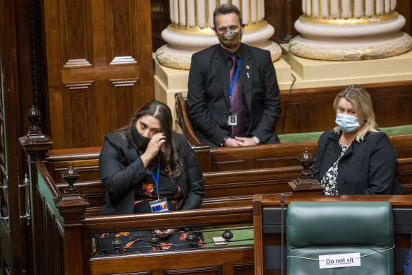 Sheena Watt (left) is sworn in as an MP on Tuesday.