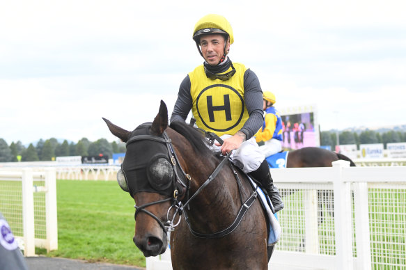 Jockey Dean Holland riding Carolina Sunrise at a meeting at Ballarat in March. 