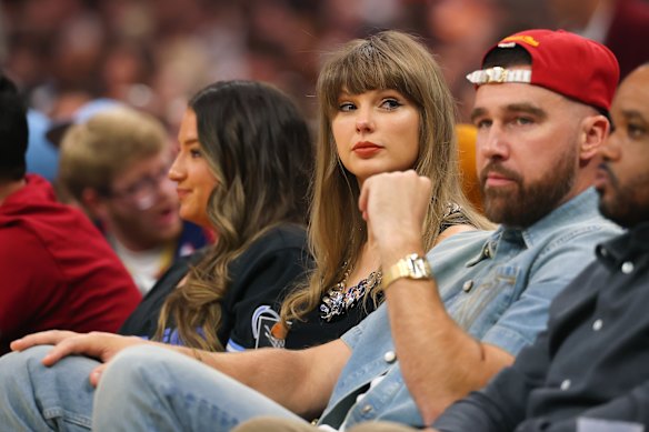 Taylor Swift watching the New York Knicks with fiancé Travis Kelce at the weekend.  