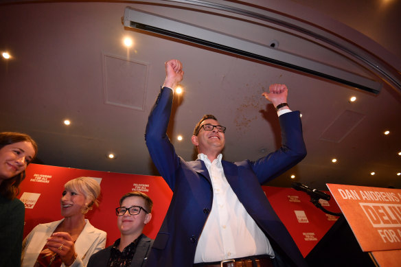 Premier Daniel Andrews and his family celebrate Labor’s election win on November 24, 2018. 