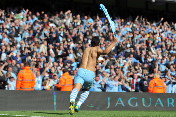 Sergio Aguero after hitting the goal that won the Premier League title in 2012.