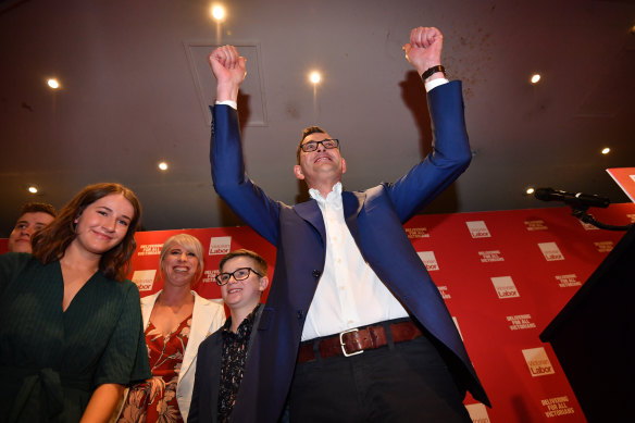 Dan Andrews celebrates after his re-election in 2018. At the poll, some candidates were elected with only 0.62 per cent of the vote.