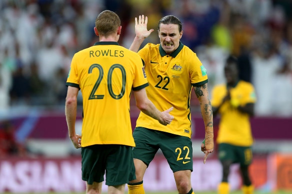 Jackson Irvine (right) celebrates with Kye Irving after the Socceroos’ win over the UAE.