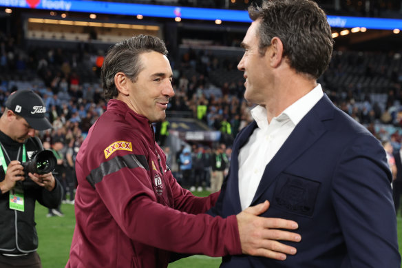 Maroons coach Billy Slater, left, and his NSW counterpart Brad Fittler during this year’s Origin series, which Queensland won.