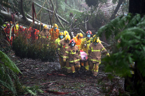 A woman is rescued from her house after a tree landed on it, causing significant damage in Olinda on Thursday.