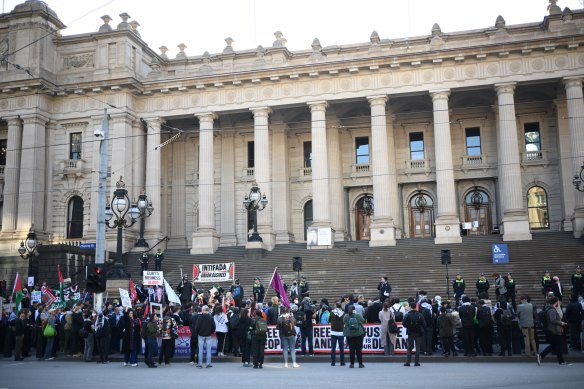 Protesters gathering at Victoria’s Parliament House today.