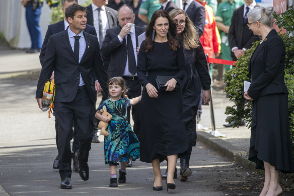 New Zealand Prime Minister Jacinda Ardern arrives with her husband Clarke Gayford and daughter Neve for the Queen’s State Memorial Service at the Cathedral of St Paul in Wellington in September.