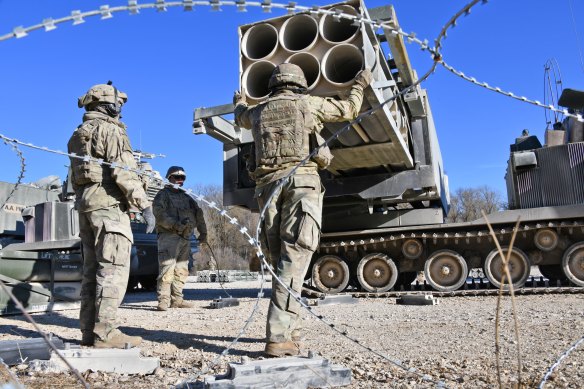 An M270 Multiple Launch Rocket System, which the UK is sending to Ukraine.