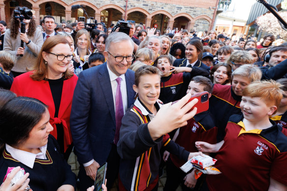 Opposition Leader Anthony Albanese during a visit to Cabra Dominican College in Adelaide.