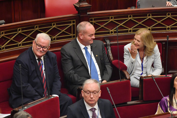 Crossbenchers Rod Barton of Transport Matters; Shooters, Fishers and Farmers Party MP Jeff Bourman; and Fiona Patten of the Reason Party.