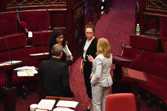 Fiona Patten (right) with Greens leader Samantha Ratnam (left) and Labor upper house leader Jaclyn Symes.