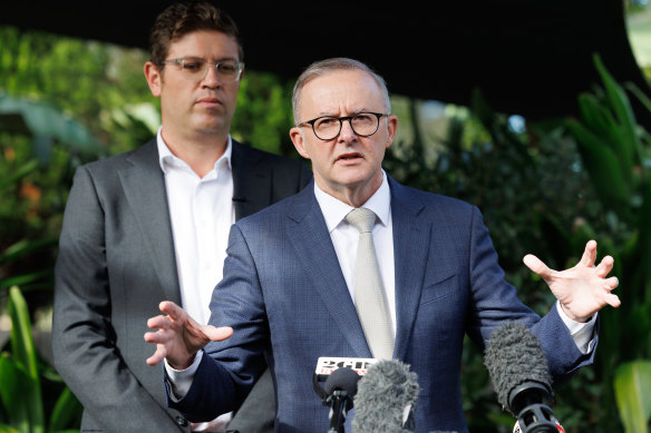 Anthony Albanese, flanked by the Labor Bennelong candidate Jerome Laxale, speaks on Thursday morning. 