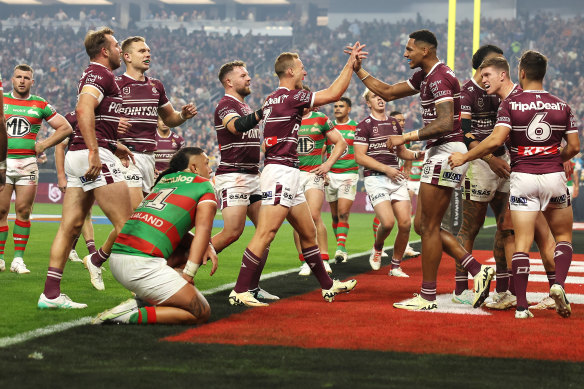 The Sea Eagles celebrate during their win over South Sydney in Las Vegas.