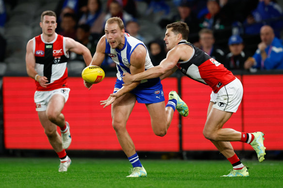 Ben McKay is tackled by Jack Steele in Sunday’s clash.