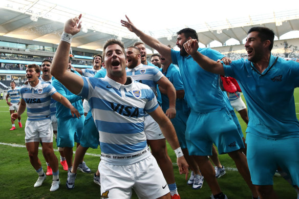 Santiago Cordero celebrates with the Pumas after beating the All Blacks.