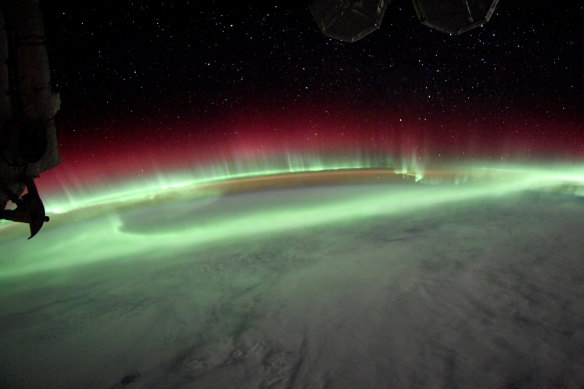 NASA astronaut Bob Hines captured an aurora – caused by the interaction of solar radiation with the magnetic field –from the International Space Station in August.