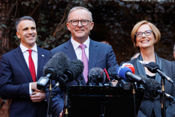 SA Premier Peter Malinauskas, Opposition Leader Anthony Albanese and former prime minister Julia Gillard pictured on Friday.