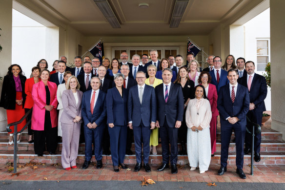 Prime Minister Anthony Albanese joins his ministry for a group photo shortly after being sworn into office by the Governor General last month.