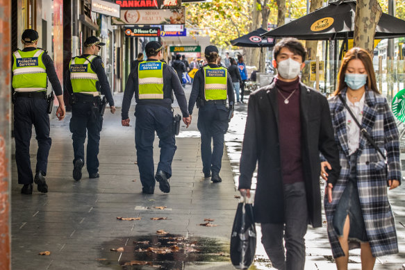 PSOs have been deployed to the Melbourne and Geelong CBDs and shopping strips and centres in Dandenong, Frankston and Box Hill.