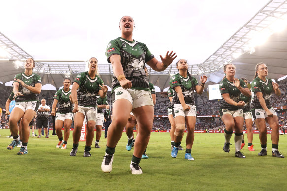 Mya Hill-Moana leads the Maori team in a war dance before the All Stars game last month.