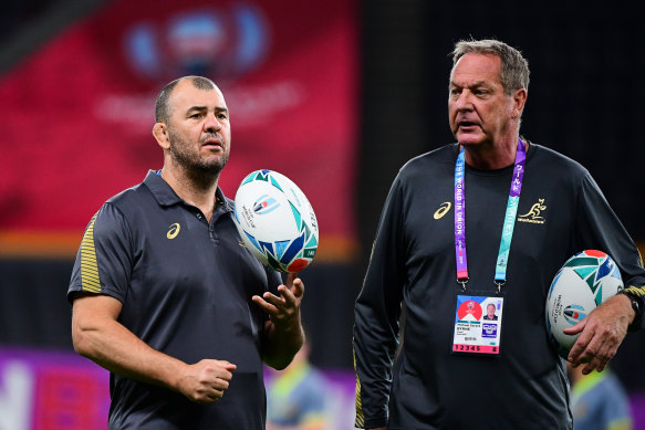 Mick Byrne, right, with former Wallabies coach Michael Cheika in 2019.