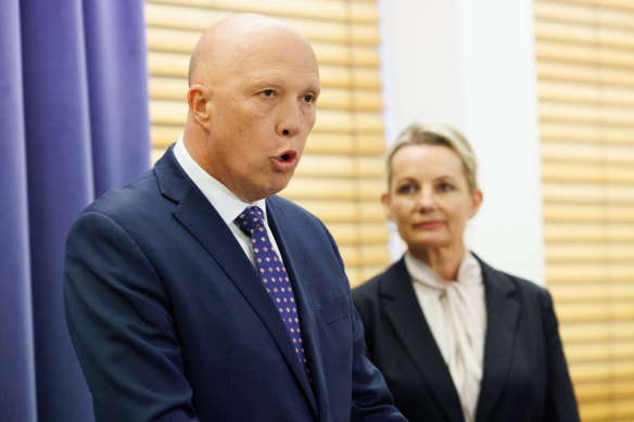 Peter Dutton, with party deputy Sussan Ley, speaks to the media at his first press conference as leader of the Liberal Party this morning.