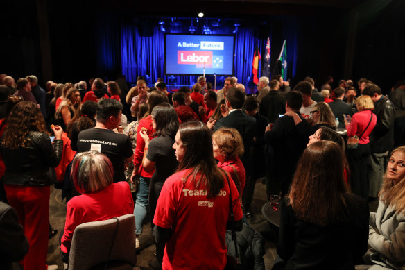 Labor supporters anxiously wait at the Canterbury-Hurlstone Park RSL Club, in Hurlstone Park, Sydney, as results come in.