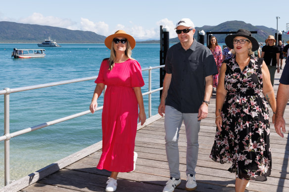 Opposition Leader Anthony Albanese and his partner Jodie Haydon (left) together with Labor candidate for Leichhardt Elida Faith (right) during a visit to Fitzroy Island, Queensland, on Friday.