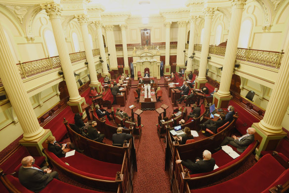 Victoria’s upper house MPs sitting in Parliament on Tuesday. 