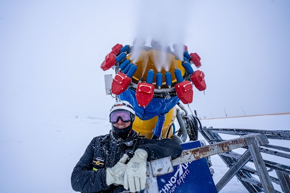 Snowmaking supervisor Jesse Ruming on the tools to match overnight snowfall on June 4 at Mount Hotham.