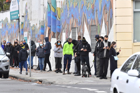 People wait to get a COVID-19 test in Collingwood on Wednesday. 