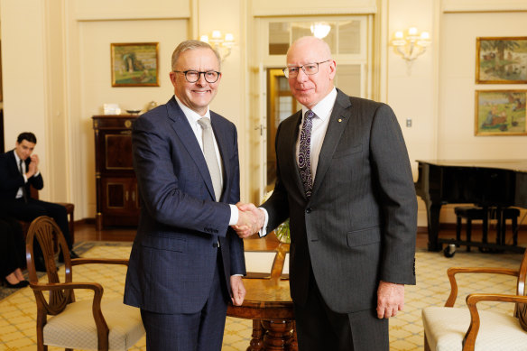 Prime Minister Anthony Albanese during his swearing in ceremony with Governor-General David Hurley. 