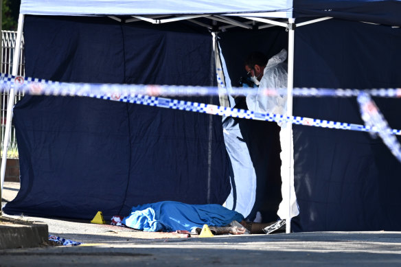 The body of Ferenc “David” Stemler, 28, the latest victim of Sydney’s drug wars, lies on a Sydney street. 
