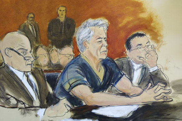 A courtroom artist's sketch of Epstein with lawyers Martin Weinberg, left, and Marc Fernich in court in July.