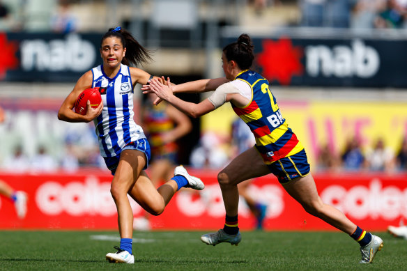 North’s Taylah Gatt evades Adelaide’s Eloise Jones.